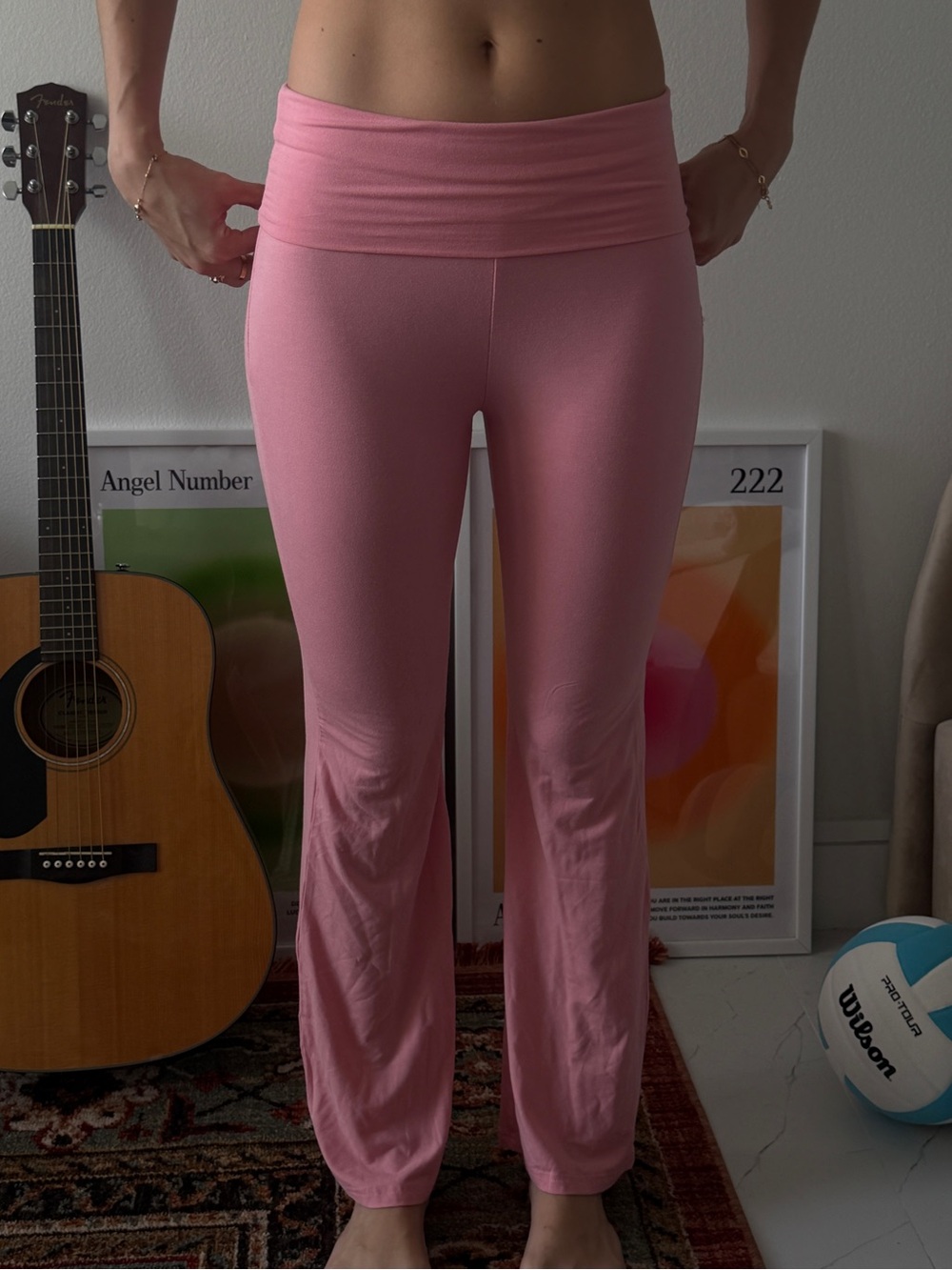 Women's Pink Fold-Over Waist Yoga Pants